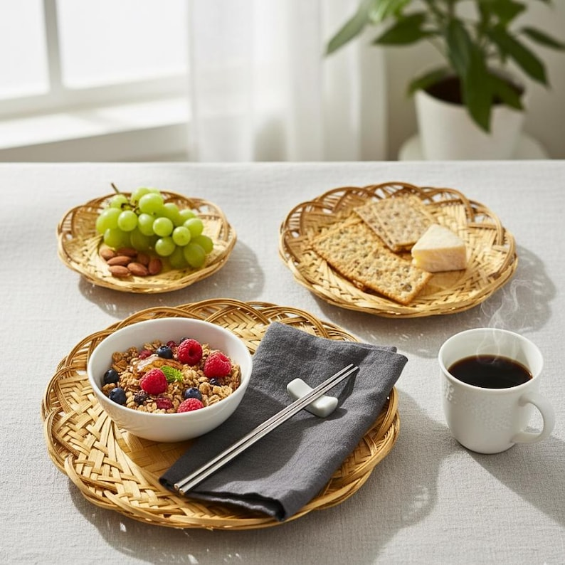 Handwoven Bamboo Flat Basket Set (3 Pieces)