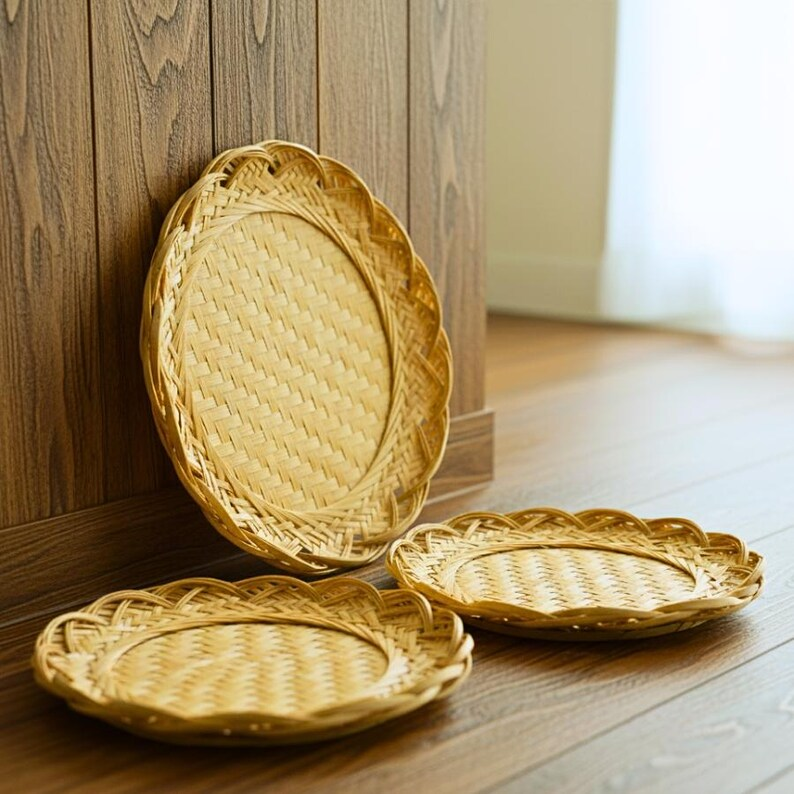 Handwoven Bamboo Flat Basket Set (3 Pieces)