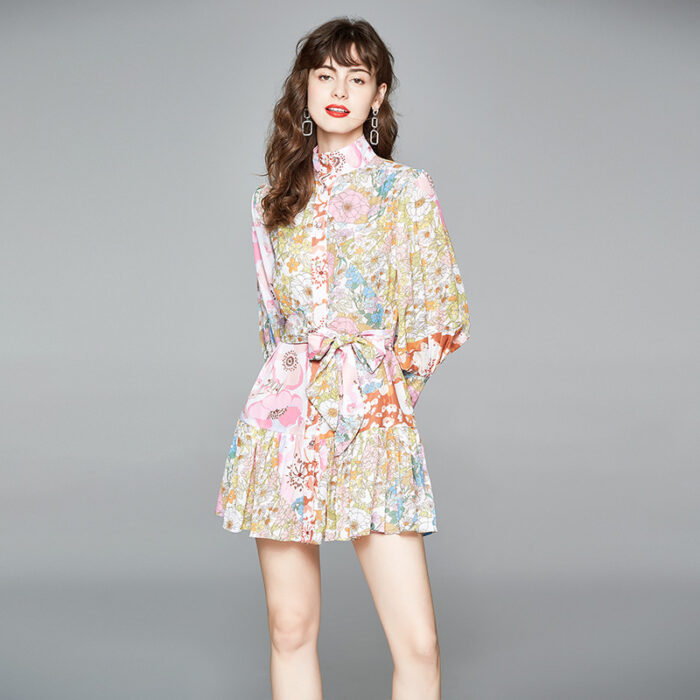 Slim Fit Printed Mermaid Dress with Lantern Sleeves