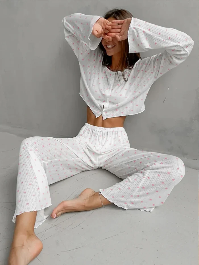 Heart Print Flared Ribbed Pajama Set - Image 4