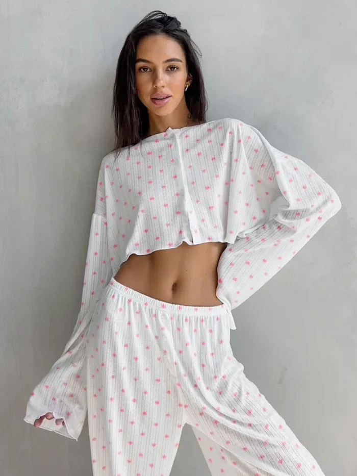 Heart Print Flared Ribbed Pajama Set - Image 2