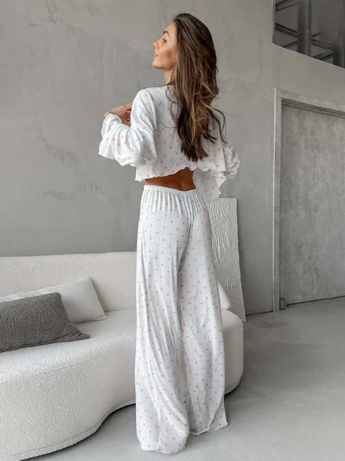 Heart Print Flared Ribbed Pajama Set - Image 5
