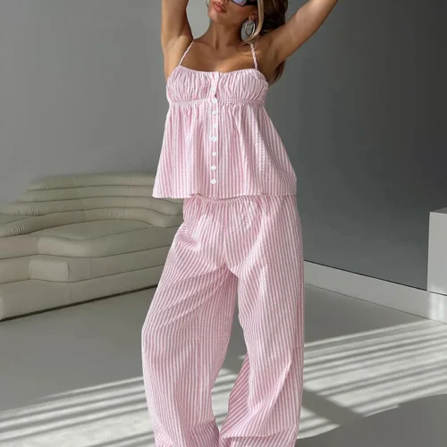 Striped Ruffled Cami and Pants Set
