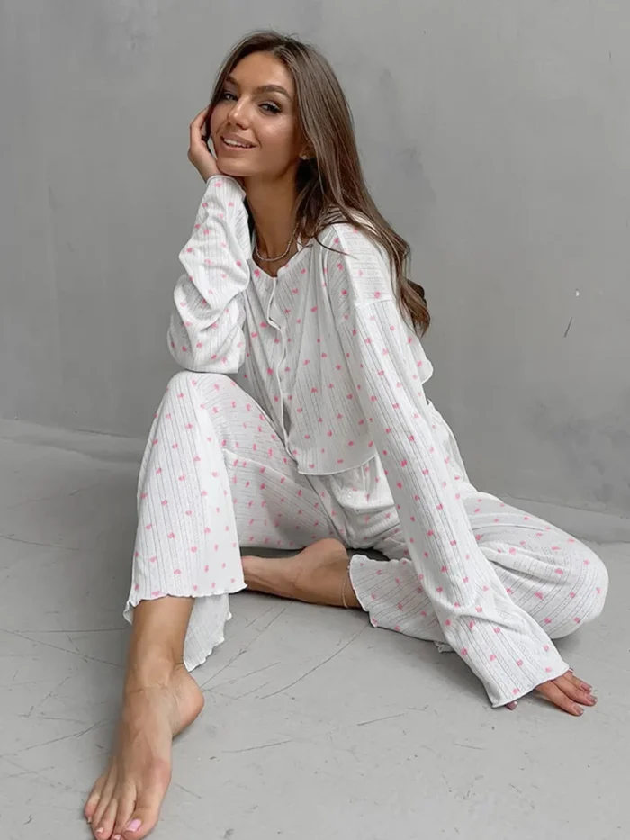 Heart Print Flared Ribbed Pajama Set - Image 3