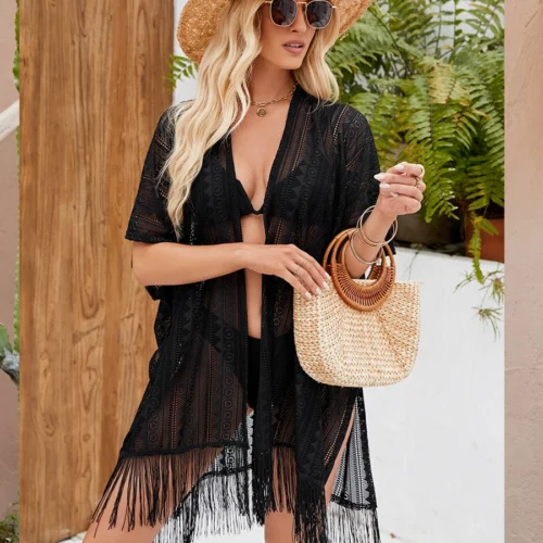 Woven Fringe Hem Kimono