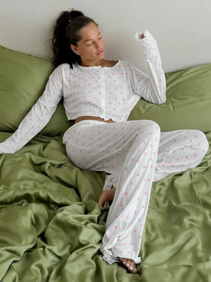 Heart Print Flared Ribbed Pajama Set - Image 7