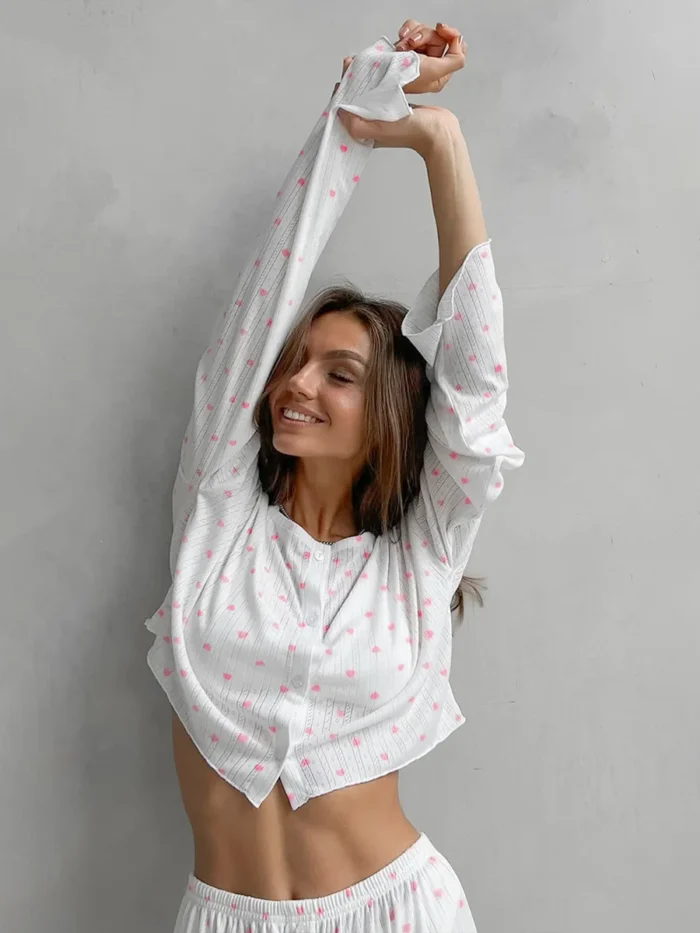Heart Print Flared Ribbed Pajama Set - Image 6