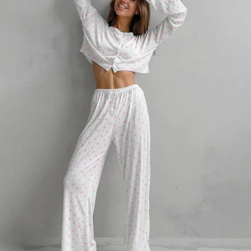 Heart Print Flared Ribbed Pajama Set
